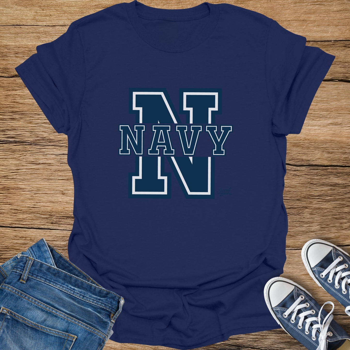 Navy t-shirt with white and navy "NAVY" text and "N" logos.