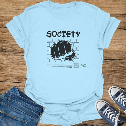 Light blue t-shirt with black "SOCIETY" text and fist graphic.