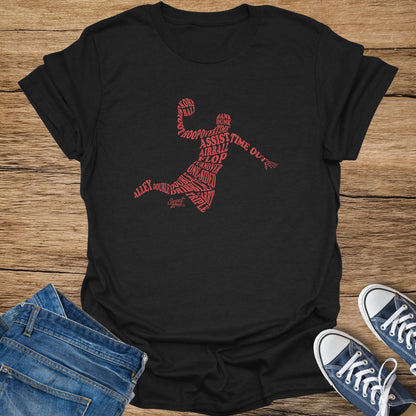 Black t-shirt with reddish basketball terms forming a player's silhouette.