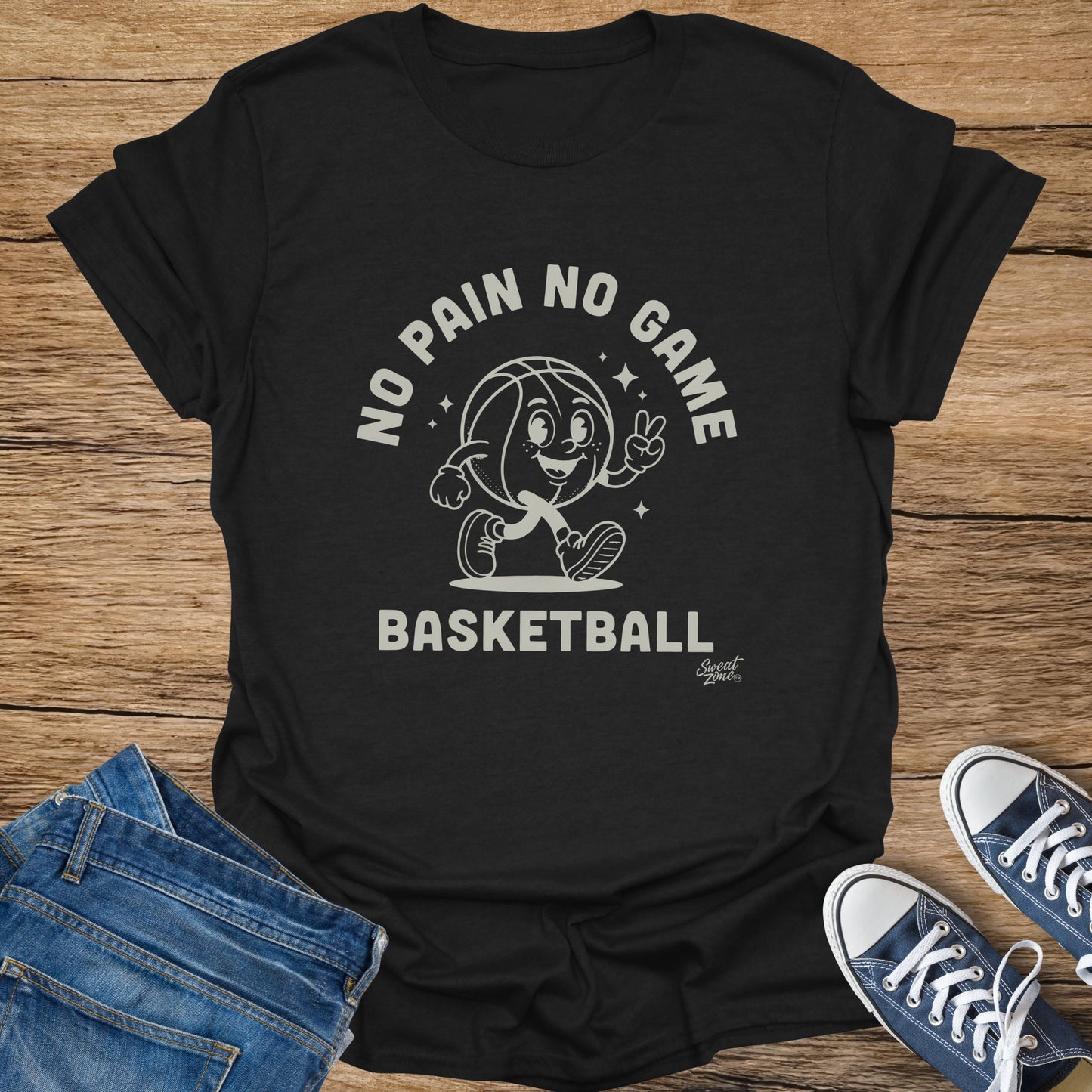 Black t-shirt with cartoon basketball, "No Pain No Game", and "Basketball" text.