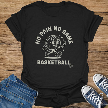 Black t-shirt with cartoon basketball, "No Pain No Game", and "Basketball" text.