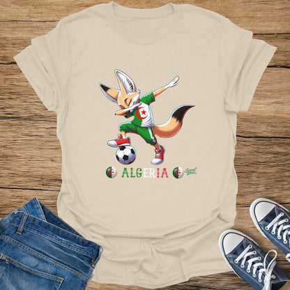 Cartoon fox wearing soccer uniform dribbling a ball with the Algerian flag.