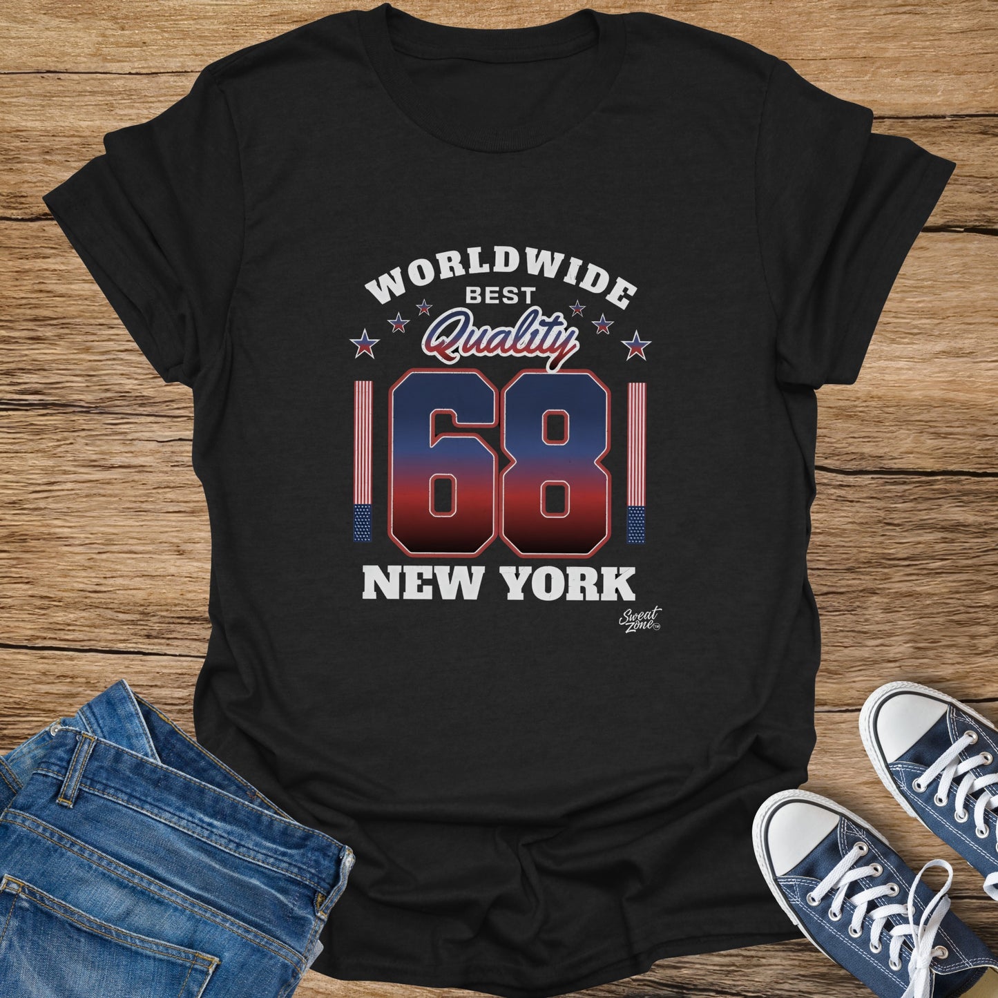Black t-shirt with "Worldwide Best Quality 68 New York" graphic