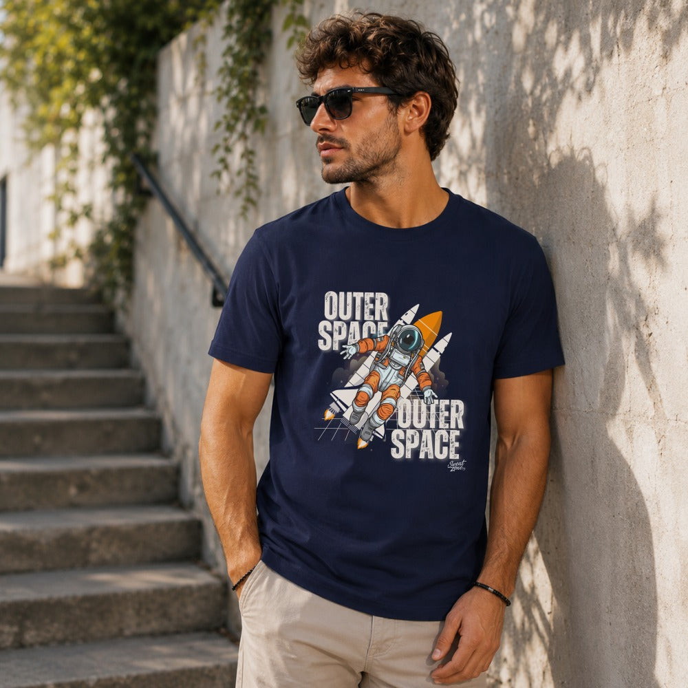 Navy t-shirt with astronaut and rocket graphic and "Outer Space" text.