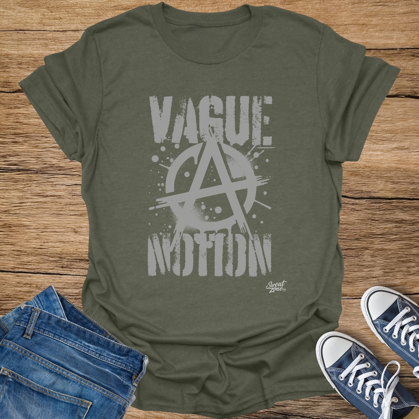 Olive t-shirt with grey "Vague Notion" text and anarchy symbol design.