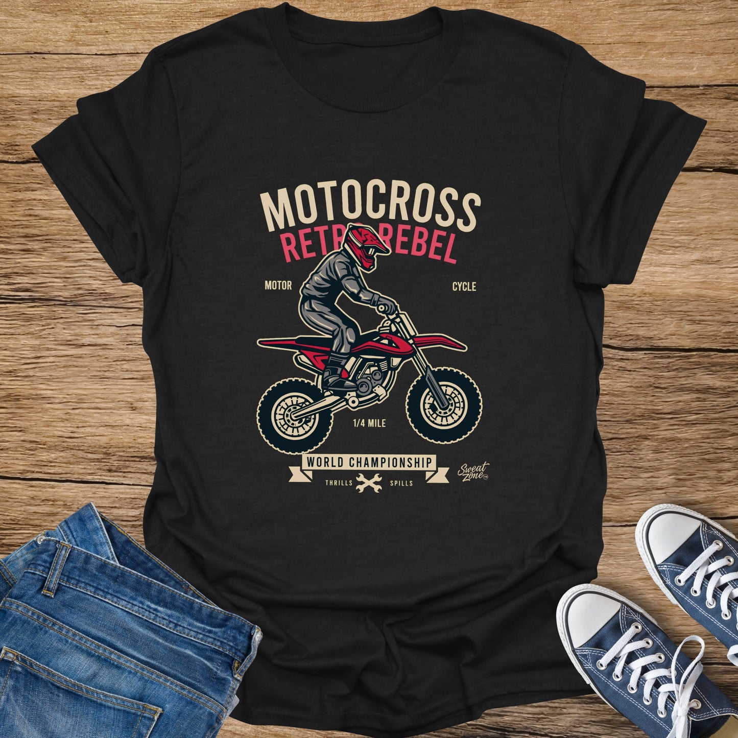 Black t-shirt with Motocross Retro Rebel graphic, featuring a rider and motorcycle.