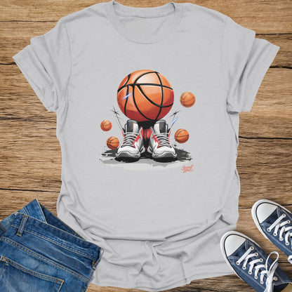 Basketball and sneakers graphic on a grey t-shirt with text "Sweat Zone".