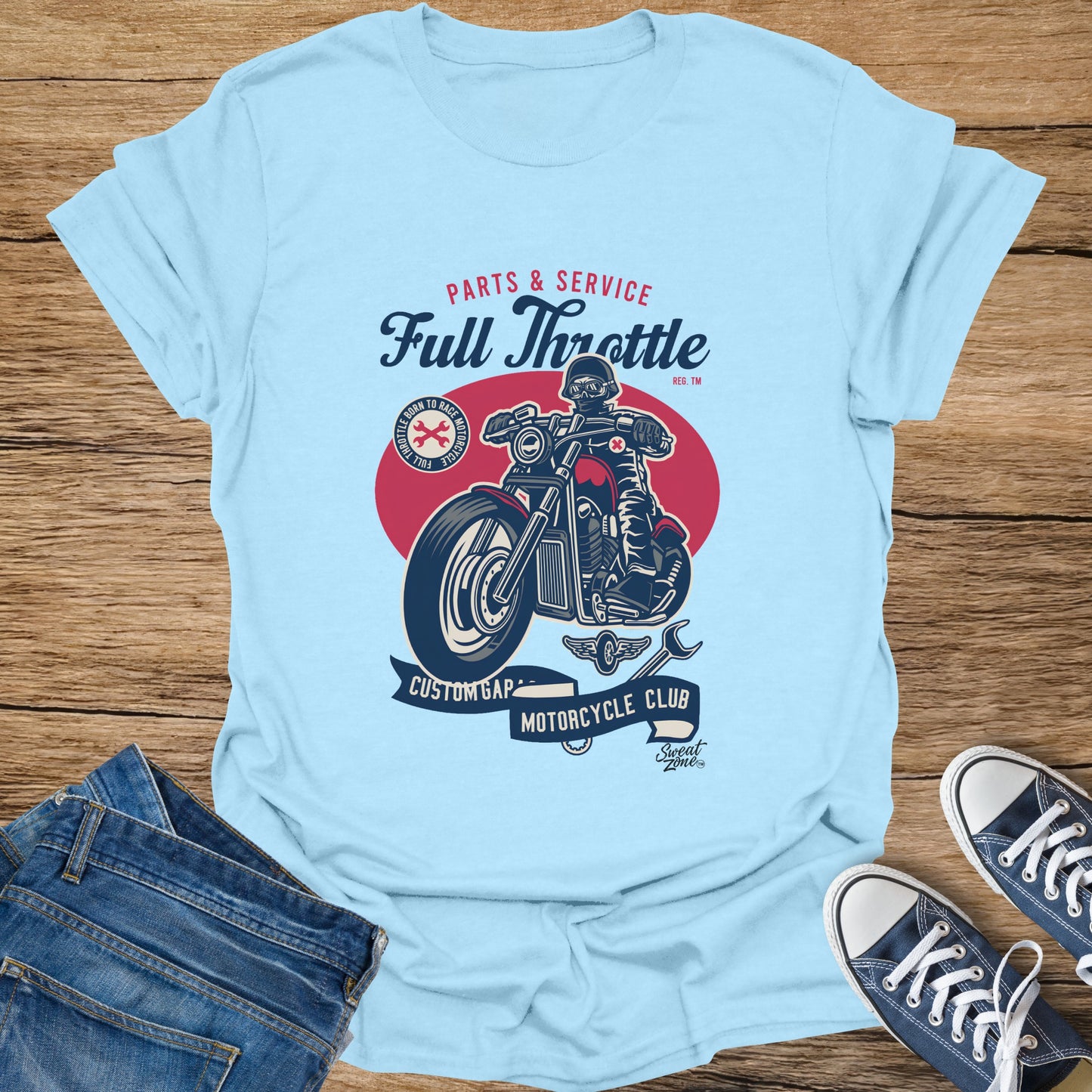 Light blue t-shirt graphic detailing "Full Throttle" motorcycle club.