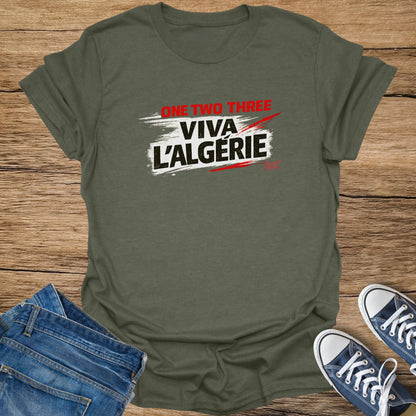 Olive green t-shirt with "ONE TWO THREE VIVA L'ALGERIE" printed in red and white.