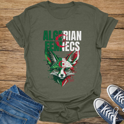 Green t-shirt with Algerian Fennecs logo and distressed denim shorts.