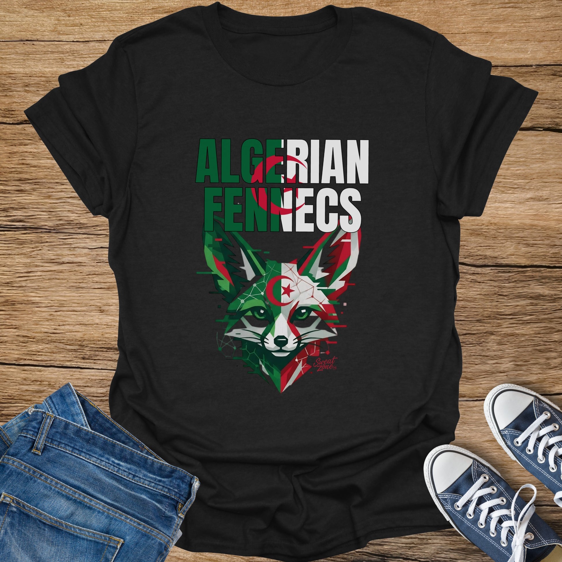 T-shirt with Algerian flag colors and fox design, text reads "ALGERIAN FENNECS".