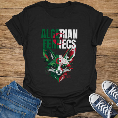 T-shirt with Algerian flag colors and fox design, text reads "ALGERIAN FENNECS".
