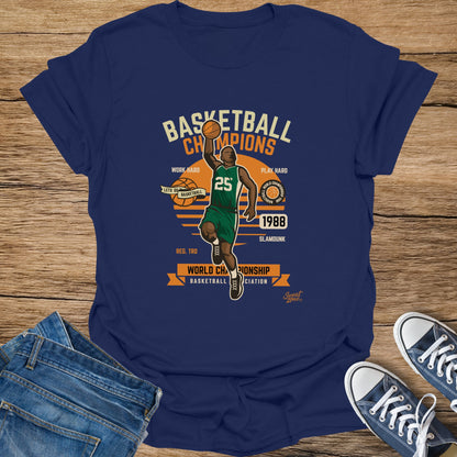 Basketball Champions shirt with player 25 mid-slam dunk, year 1988.