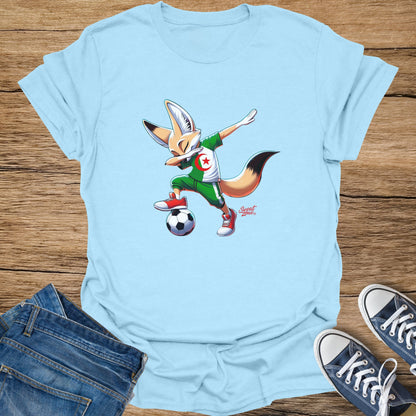 Cartoon fennec fox in Algeria soccer jersey dribbling a ball.