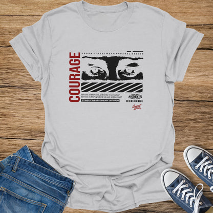 Light gray t-shirt with "COURAGE" text and graphic of eyes.