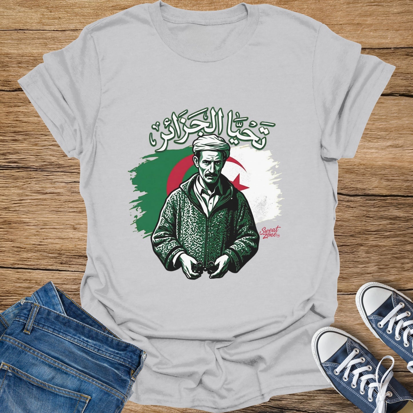 Algerian flag mural with text above a man in a green jacket holding binoculars.
