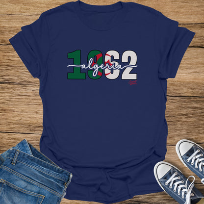 Navy t-shirt with the number 1962 and "algeria" in white, green, and red.