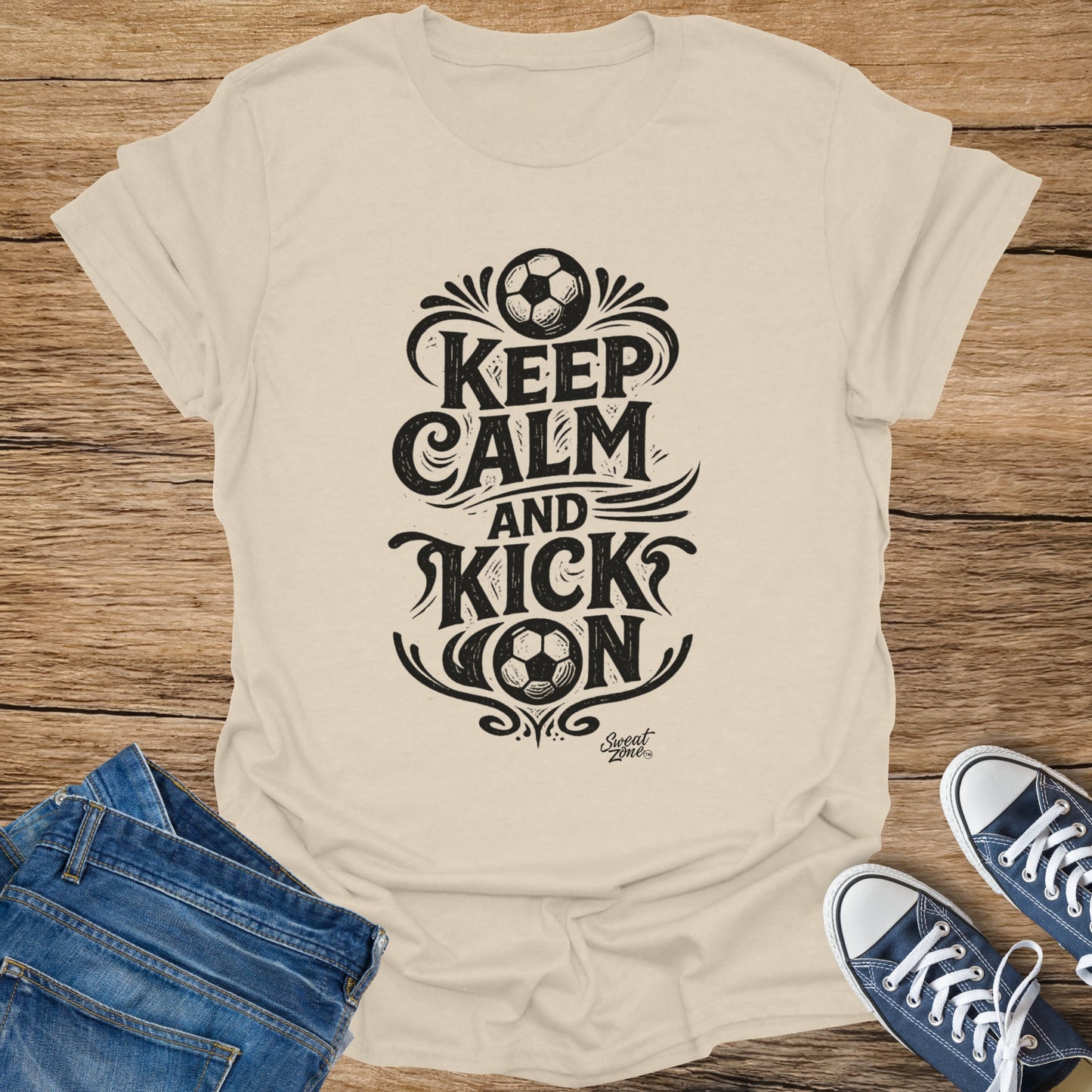 Cream t-shirt with black text "KEEP CALM AND KICK ON" and soccer ball graphic.