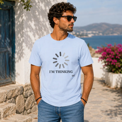 Light blue t-shirt with a loading bar graphic and text "I'M THINKING"