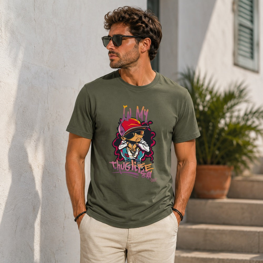 Olive green t-shirt with "IN MY thug LIFE" graphic on the chest.