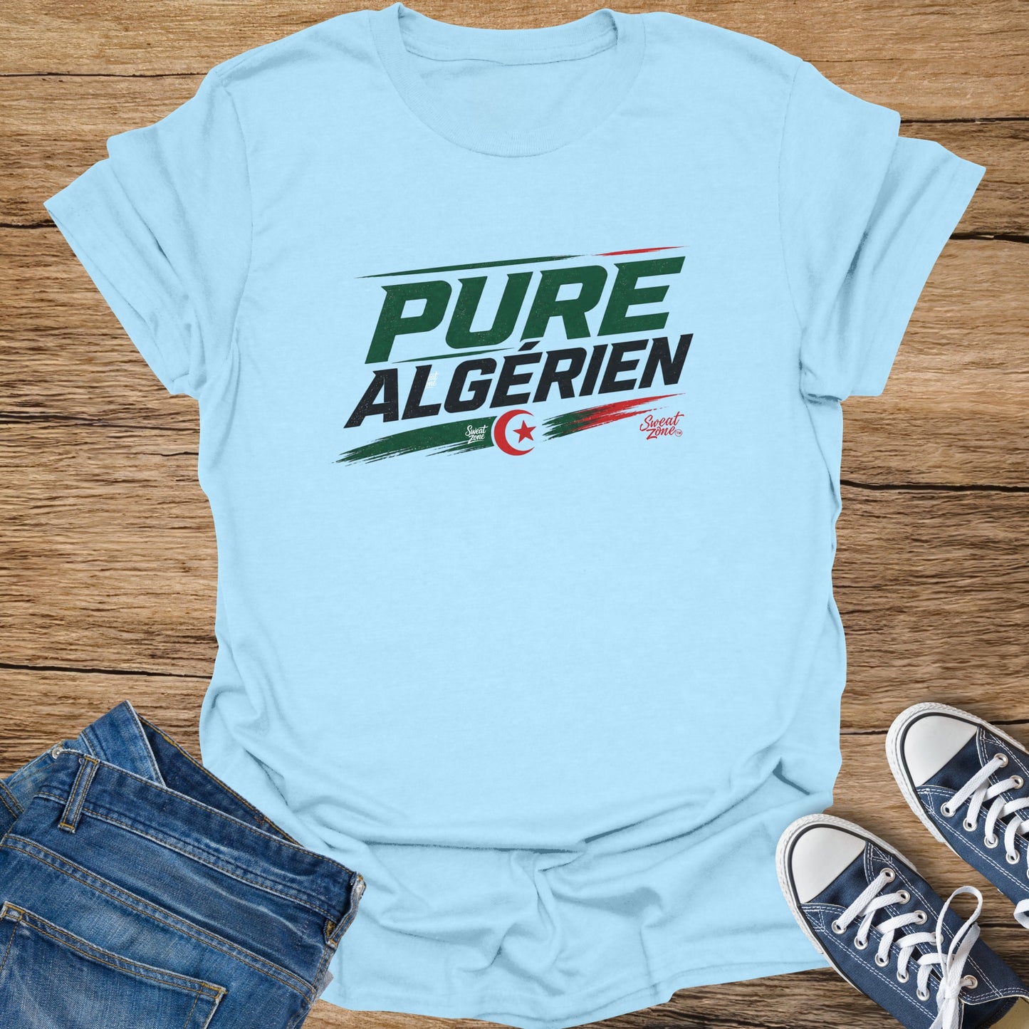 Light blue t-shirt with "Pure Algérien" text and Algerian flag detail.