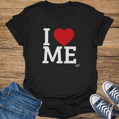 Black t-shirt with white 'I' and 'ME', and a red heart symbol.