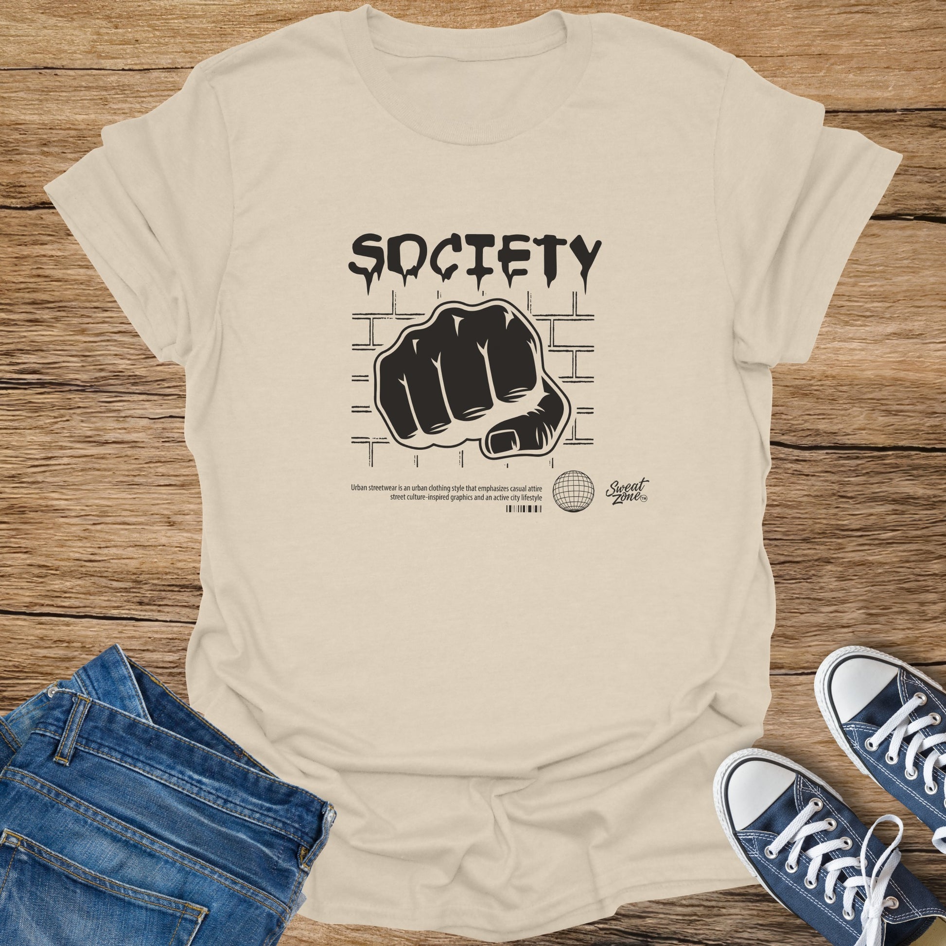 T-shirt with "SOCIETY" text and a black fist graphic.