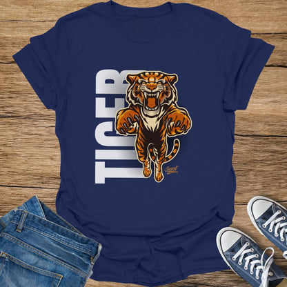 Navy blue t-shirt with a leaping tiger graphic and the word "Tiger".