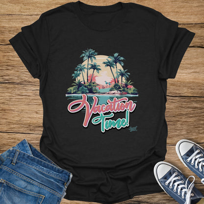 Black t-shirt with "Vacation Time!" text and tropical island graphic.