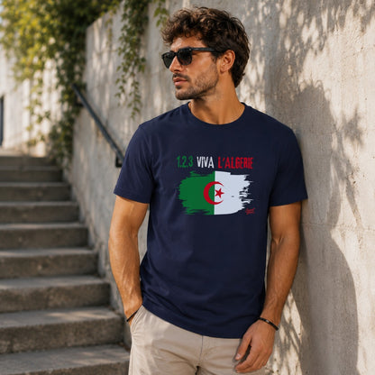 Navy t-shirt with "1.2.3 VIVA L'ALGERIE" and Algerian flag graphic.