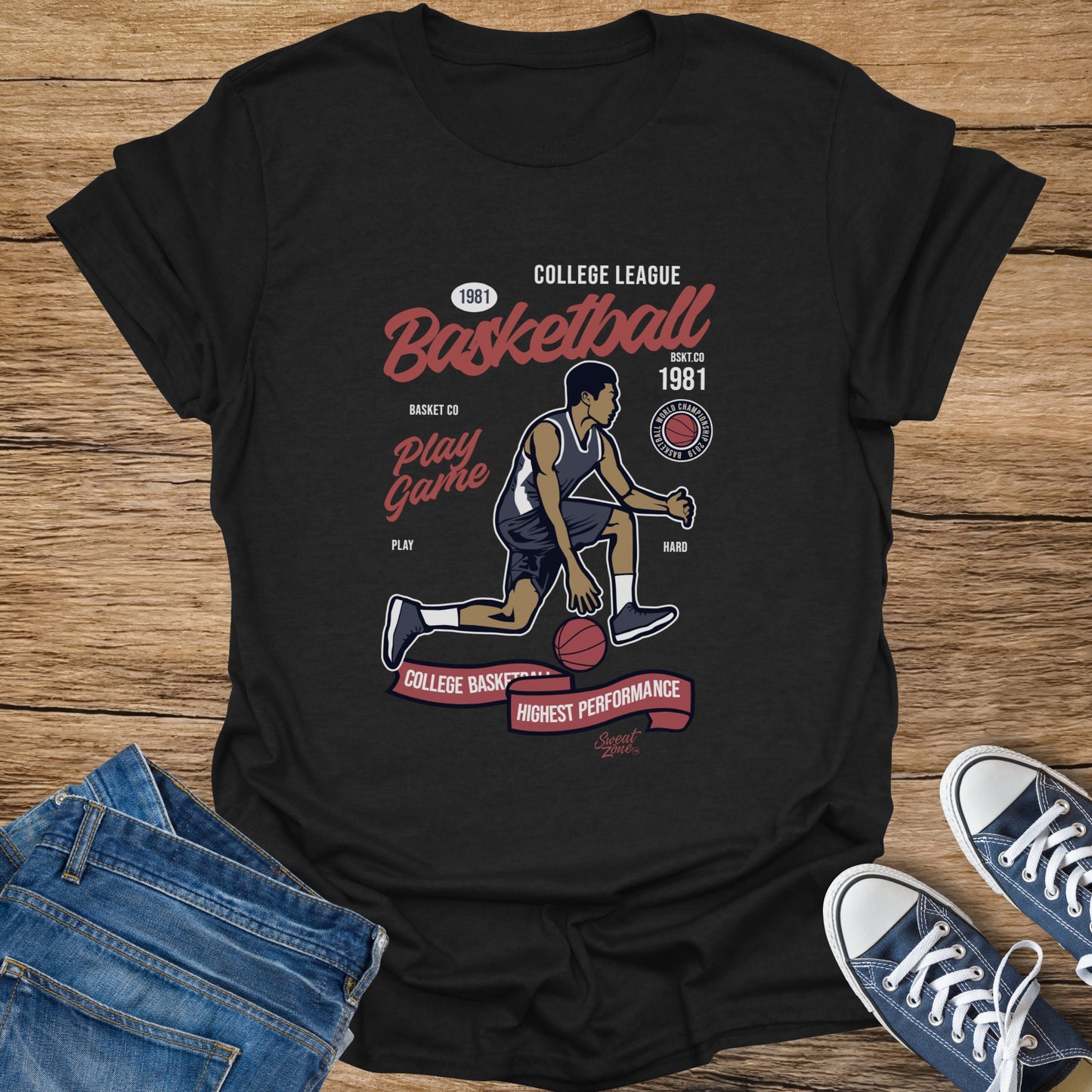 Black t-shirt with college league basketball graphic and text.