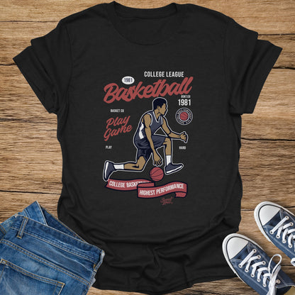 Black t-shirt with college league basketball graphic and text.