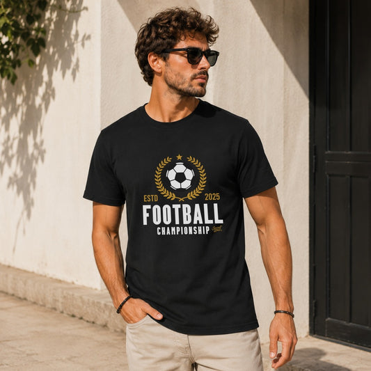 Black t-shirt with a football championship graphic and text.