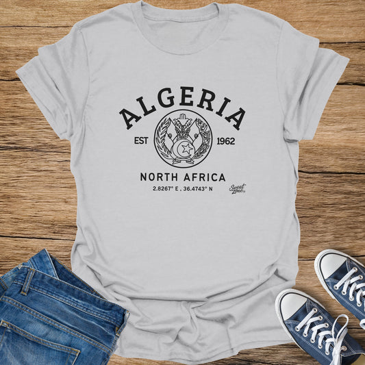 Light gray t-shirt with black text and emblem for Algeria, North Africa.