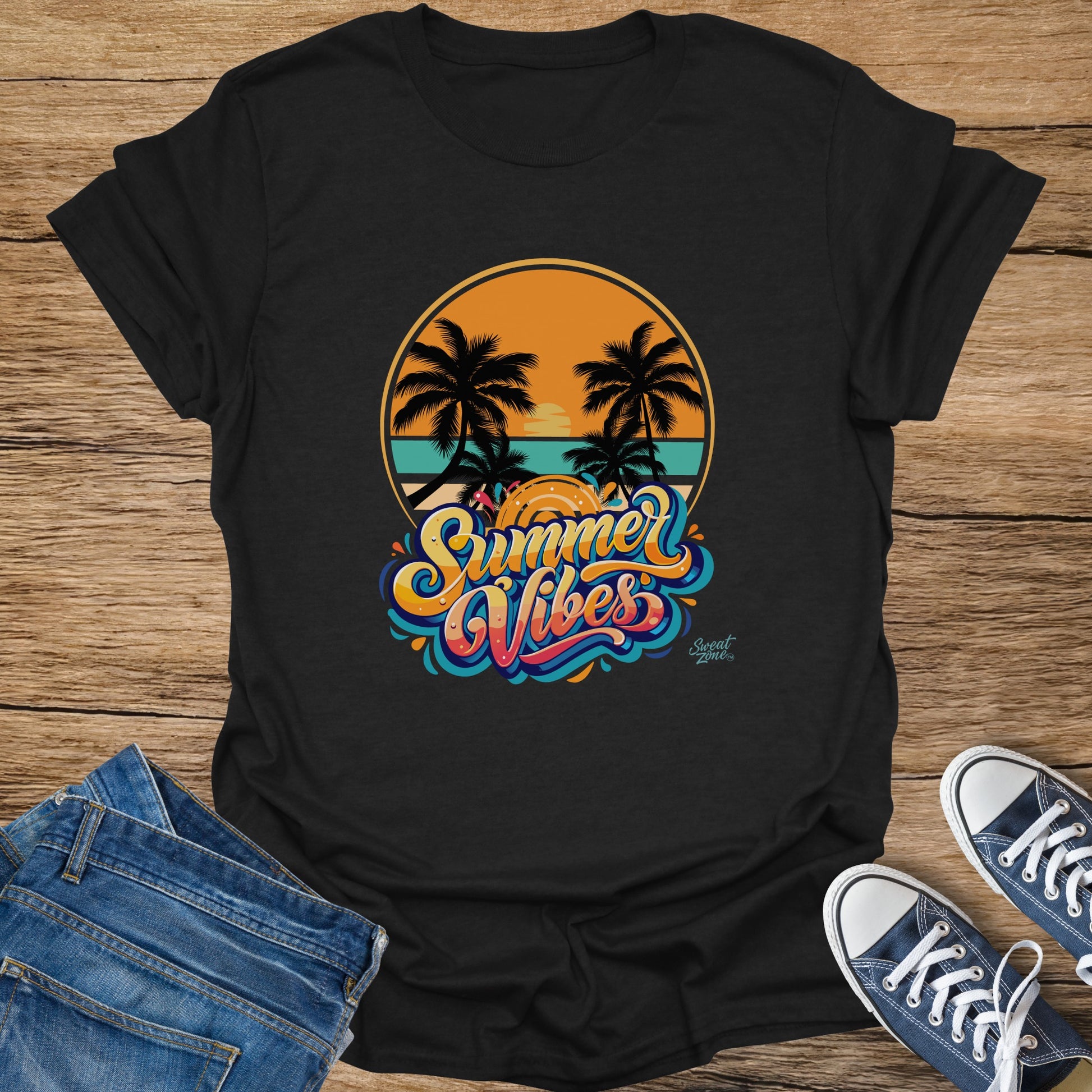 Black t-shirt with "Summer Vibes" text and a beach scene graphic.