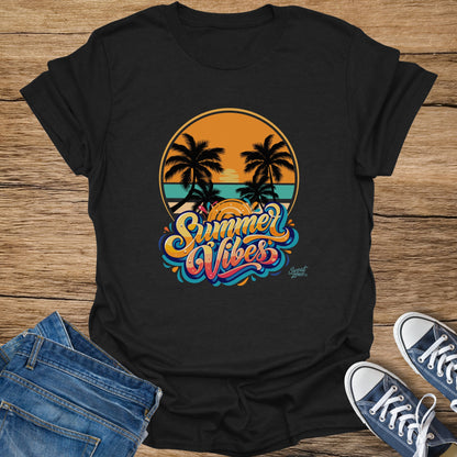 Black t-shirt with "Summer Vibes" text and a beach scene graphic.