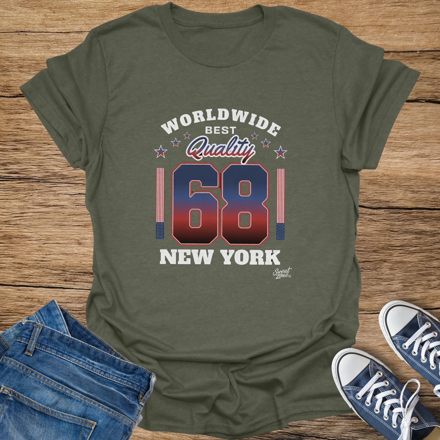 Olive green t-shirt with "Worldwide Best Quality 68 New York" graphic.