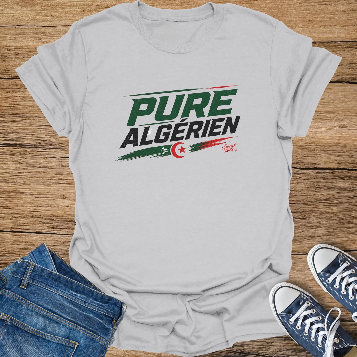 Grey t-shirt with "PURE ALGERIEN" and Algerian flag graphic.