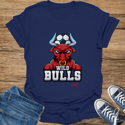 Navy t-shirt with a red bull wearing a soccer ball and "Wild Bulls" text.