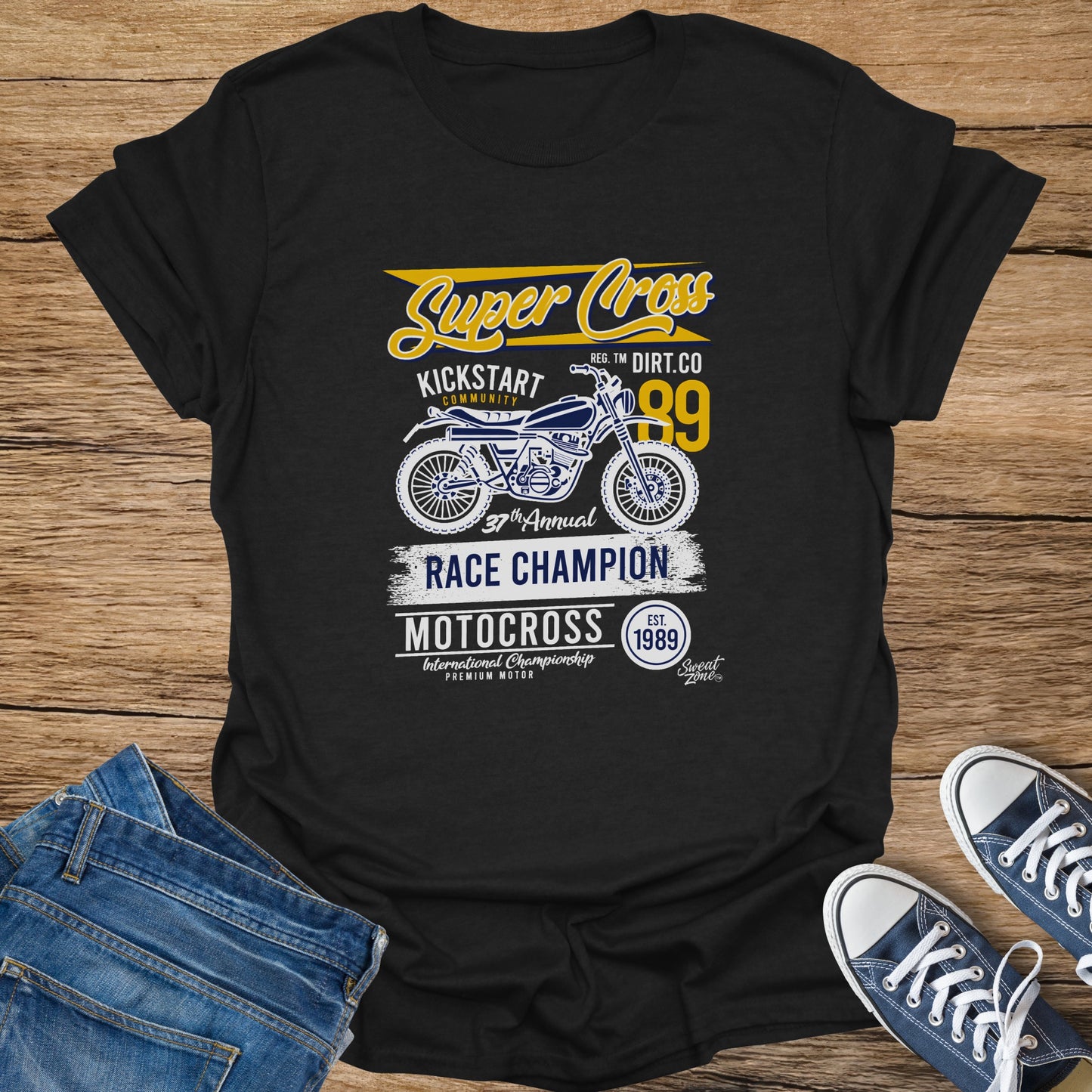 Black t-shirt with "Super Cross Race Champion Motocross" graphic featuring a motorcycle.