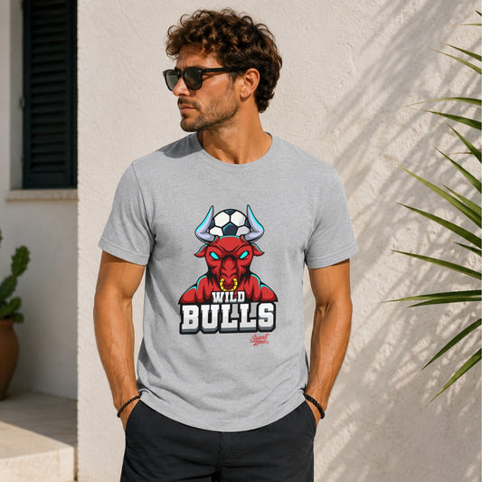 Grey t-shirt featuring a red bull with a soccer ball on its horns and "WILD BULLS" text.