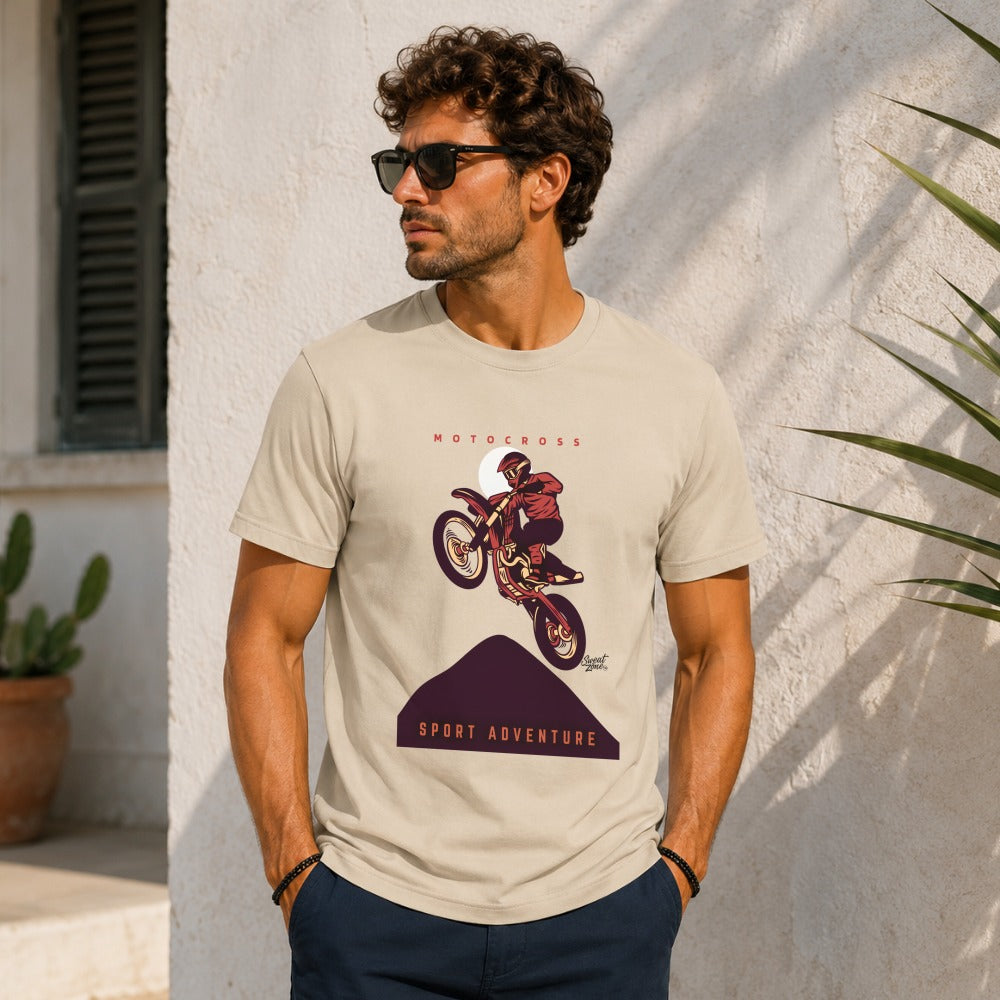 Light tan t-shirt with motocross rider graphic, "MOTOCROSS SPORT ADVENTURE" text.