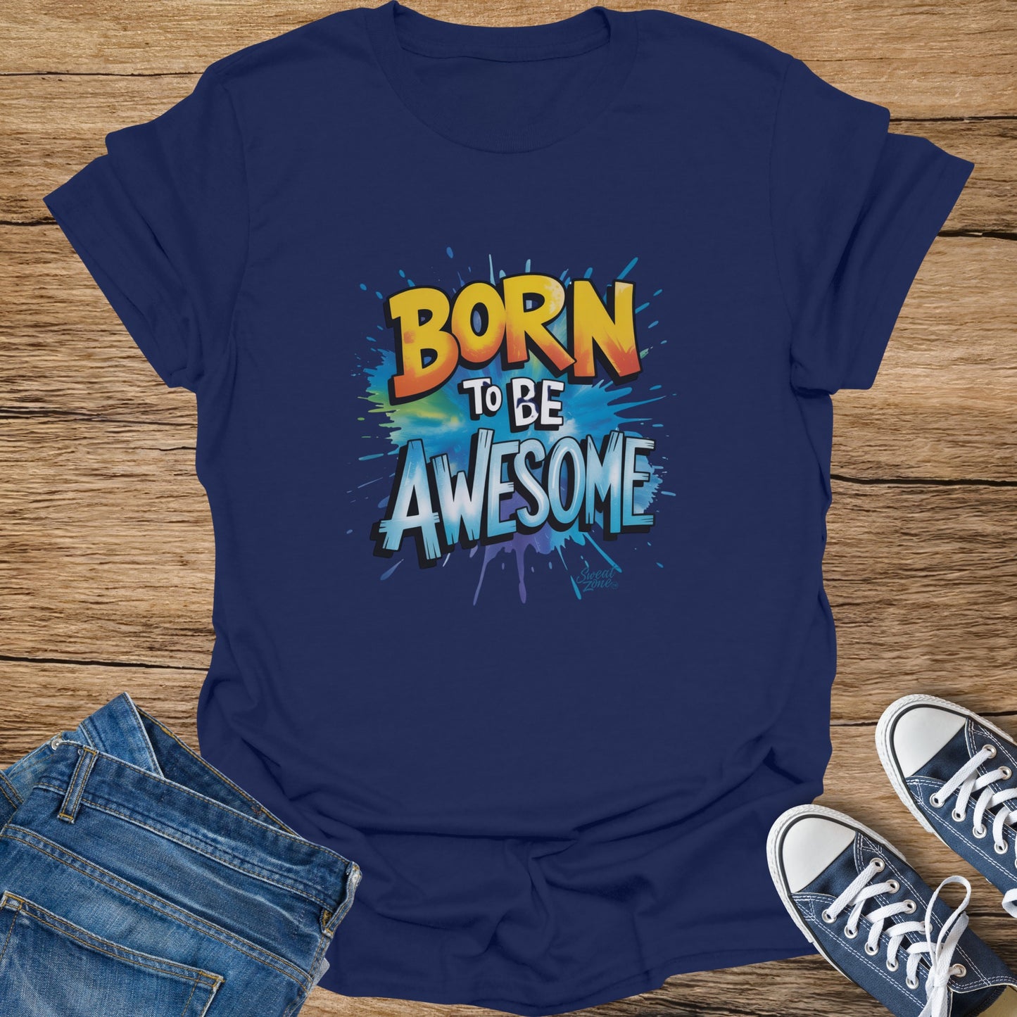 Navy t-shirt with colorful "BORN TO BE AWESOME" text design