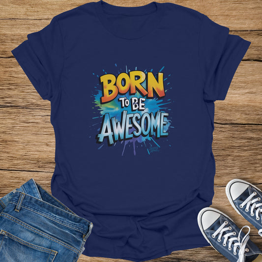 Navy t-shirt with colorful "BORN TO BE AWESOME" text design