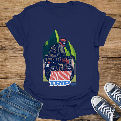 T-shirt with graphic of a motorcyclist in the mountains, text "MOTORBIKE TRIP".