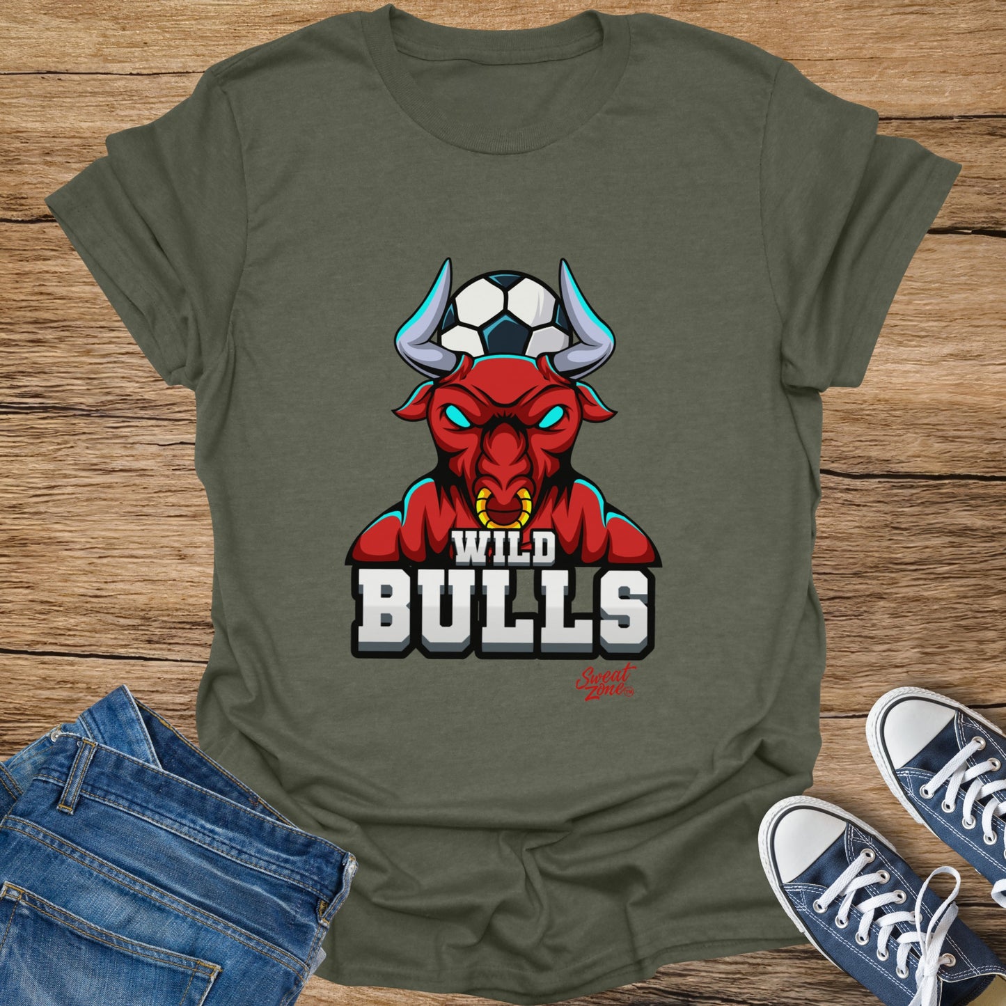 T-shirt with red bull wearing a soccer ball and "Wild Bulls" text.