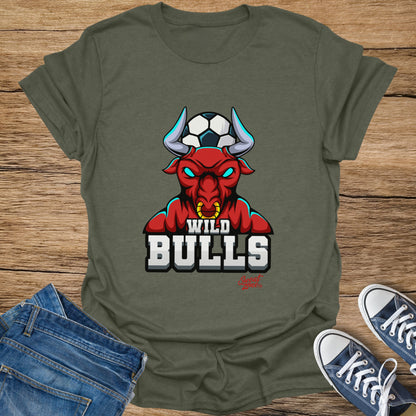 T-shirt with red bull wearing a soccer ball and "Wild Bulls" text.