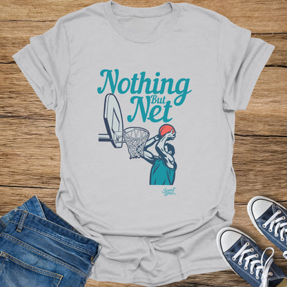 T-shirt with basketball player graphic and "Nothing But Net" text.