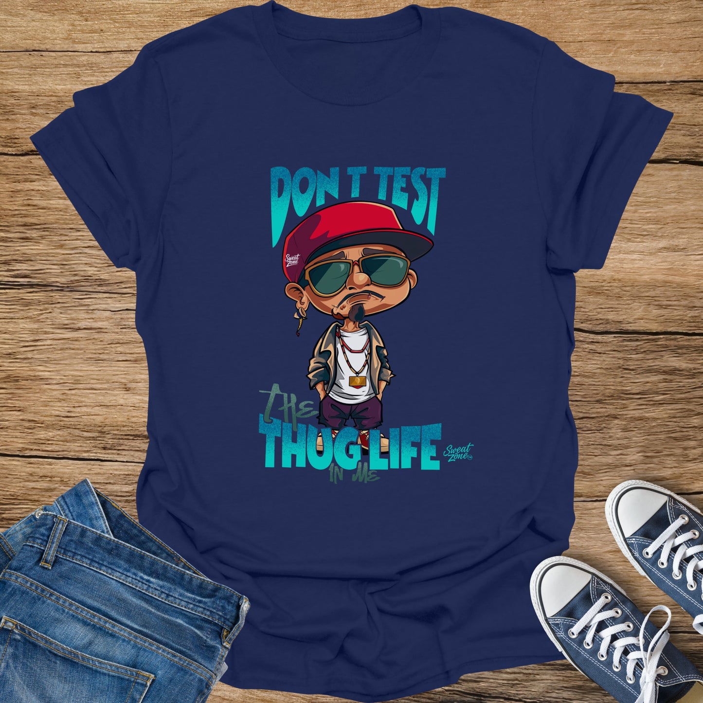 Navy t-shirt with cartoon character and text "Don't Test The Thug Life In Me".