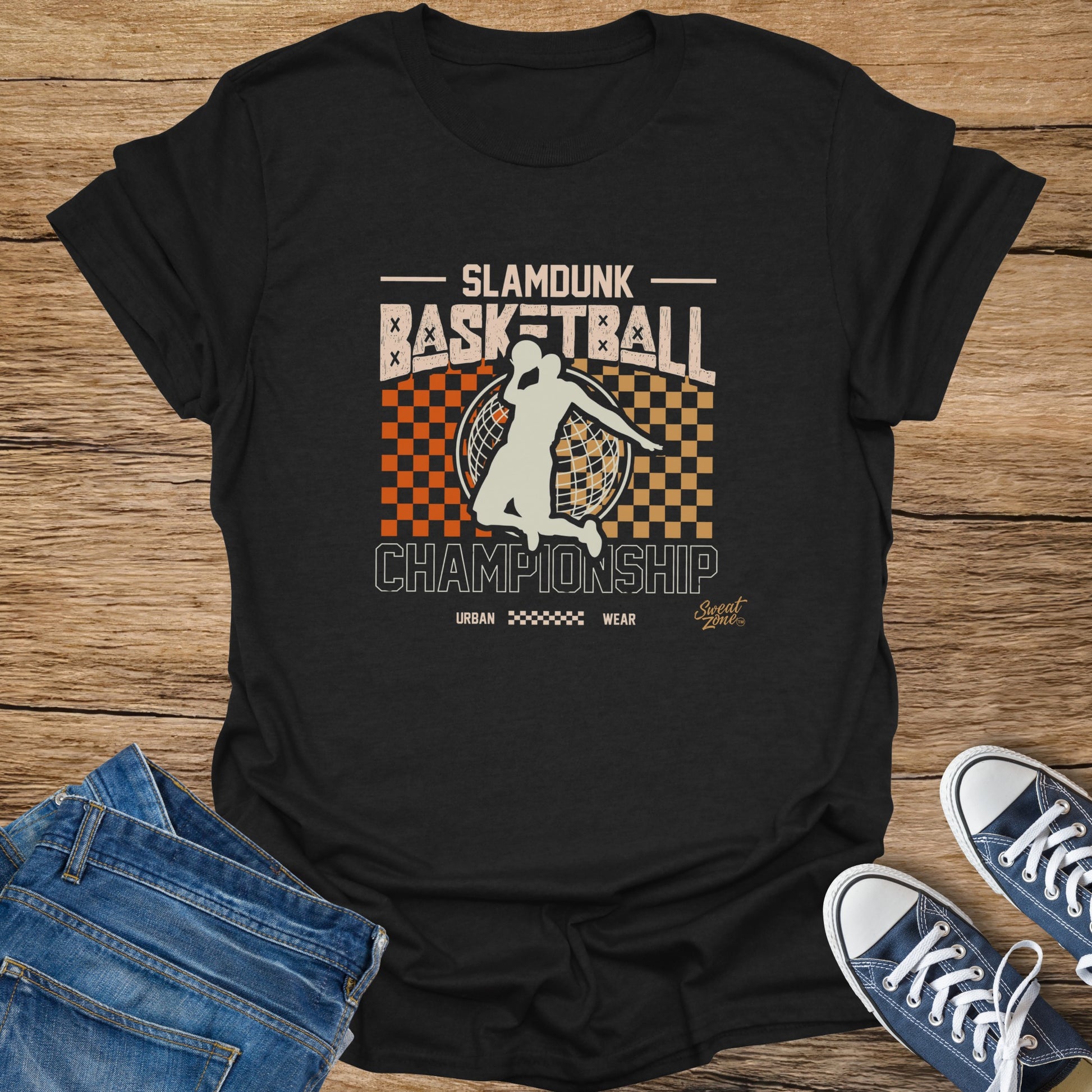 Black t-shirt with "Slamdunk Basketball Championship" graphic and basketball player silhouette